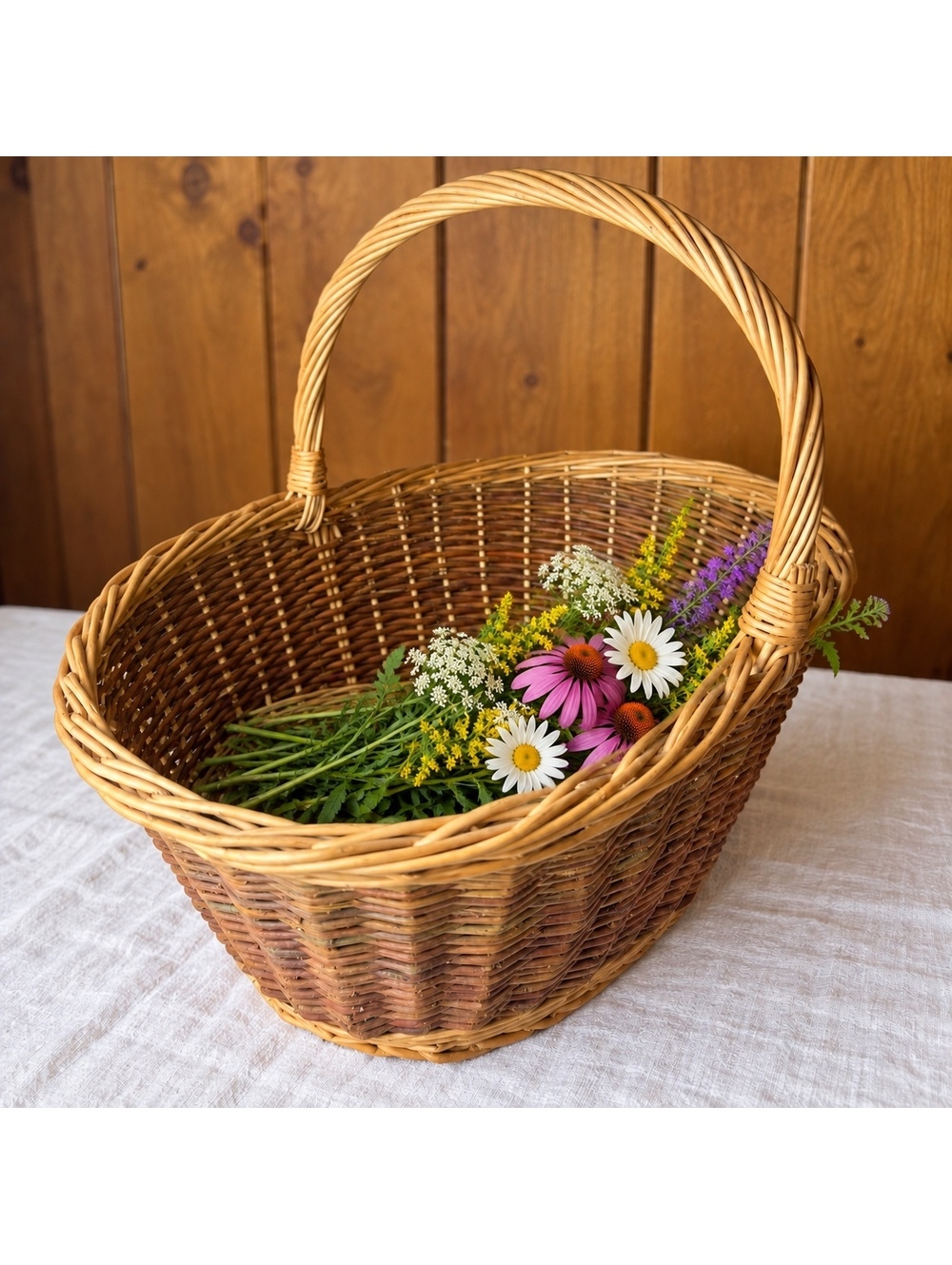 Vintage Wicker Gathering Basket With Tall Handle, Two-Tone Oval Weave